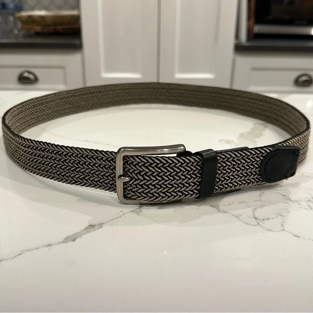Tommy Bahama Mens Black Beige Leather Fabric Stretch Braided Belt Adjustable S/M